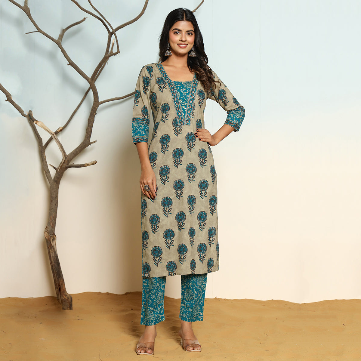 Beige Cotton Straight Suit Set with Dupatta