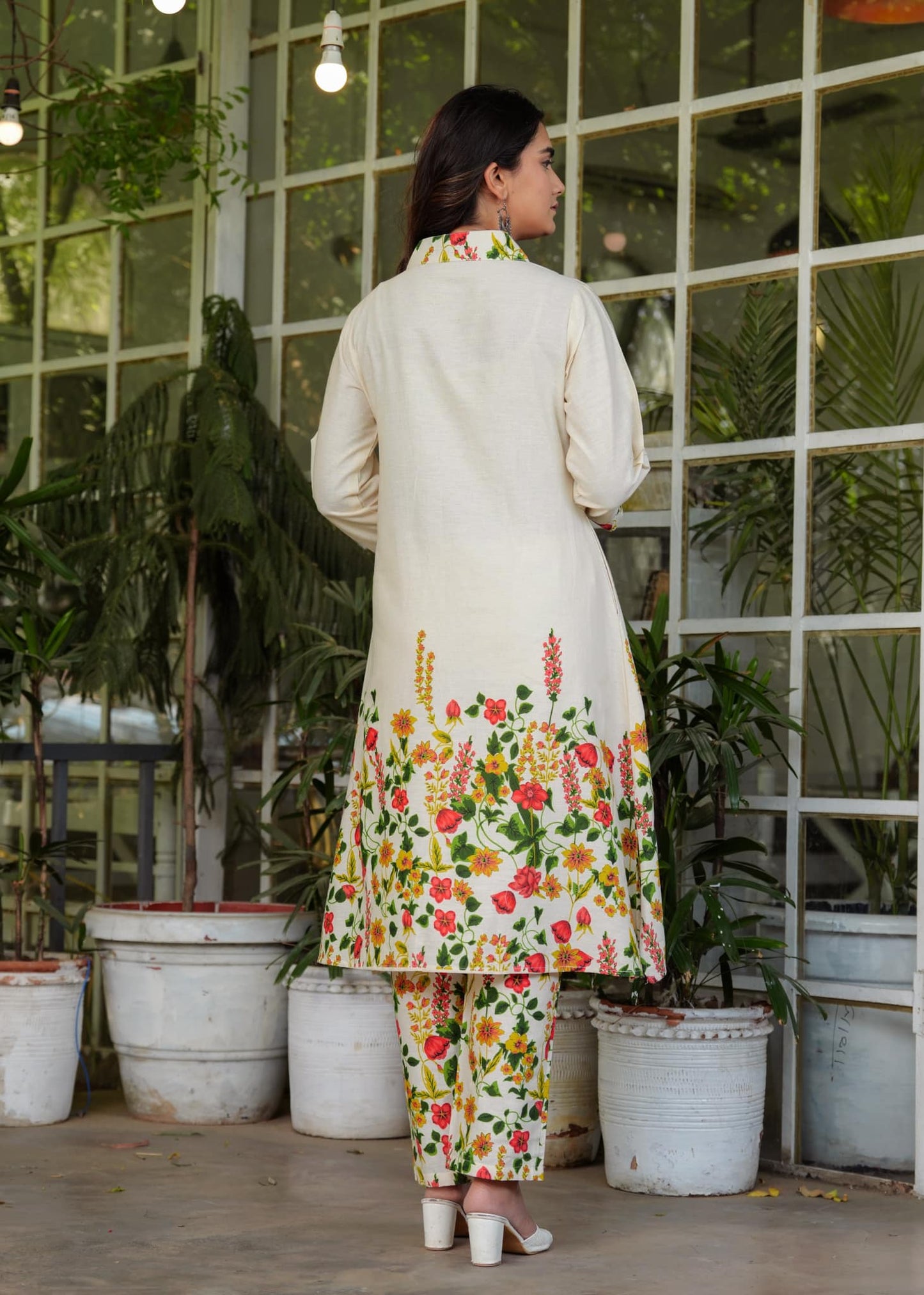 Off-white Cotton Linen A-line Kurta Pant Co-ord Set