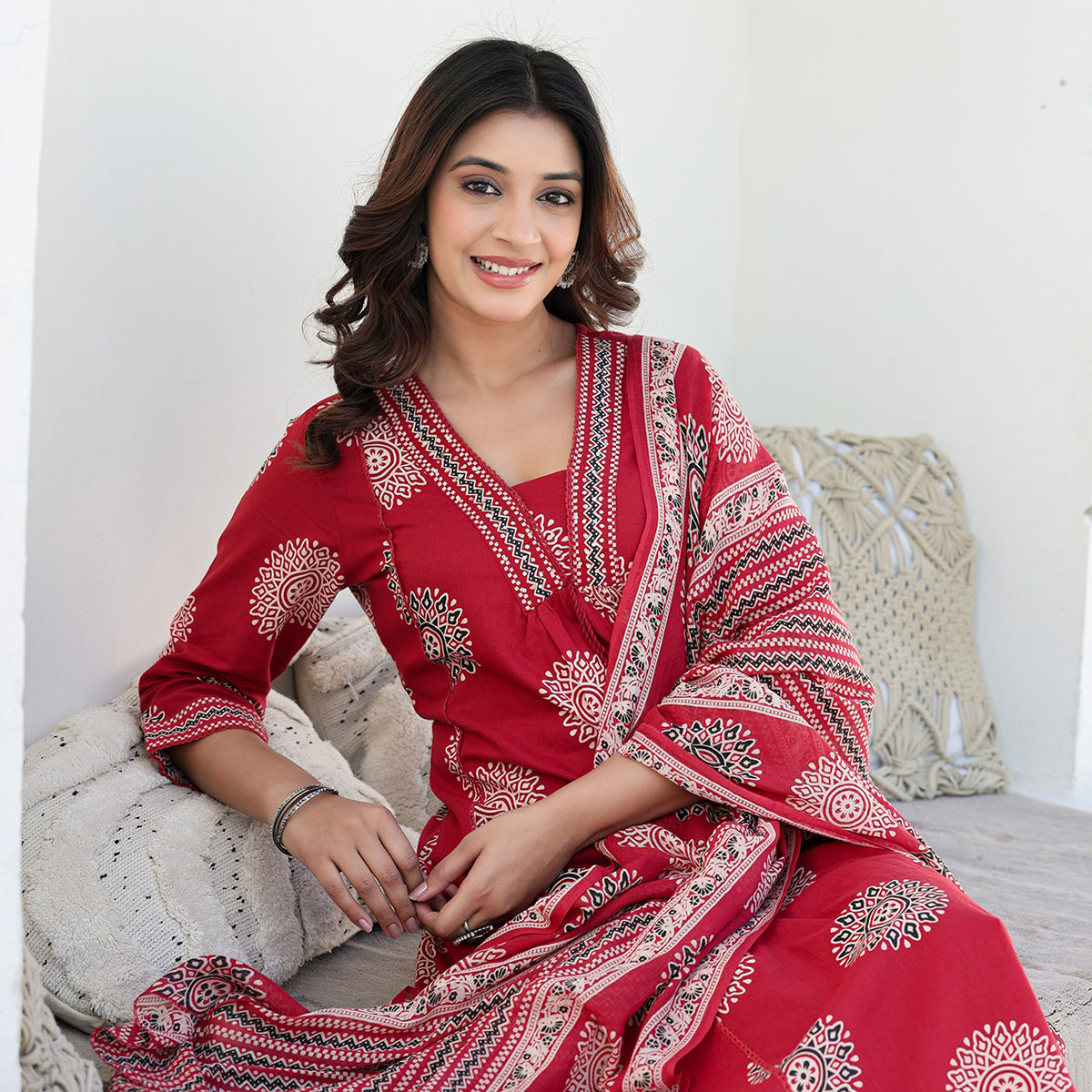 Red Cotton A-line Suit Set with Dupatta
