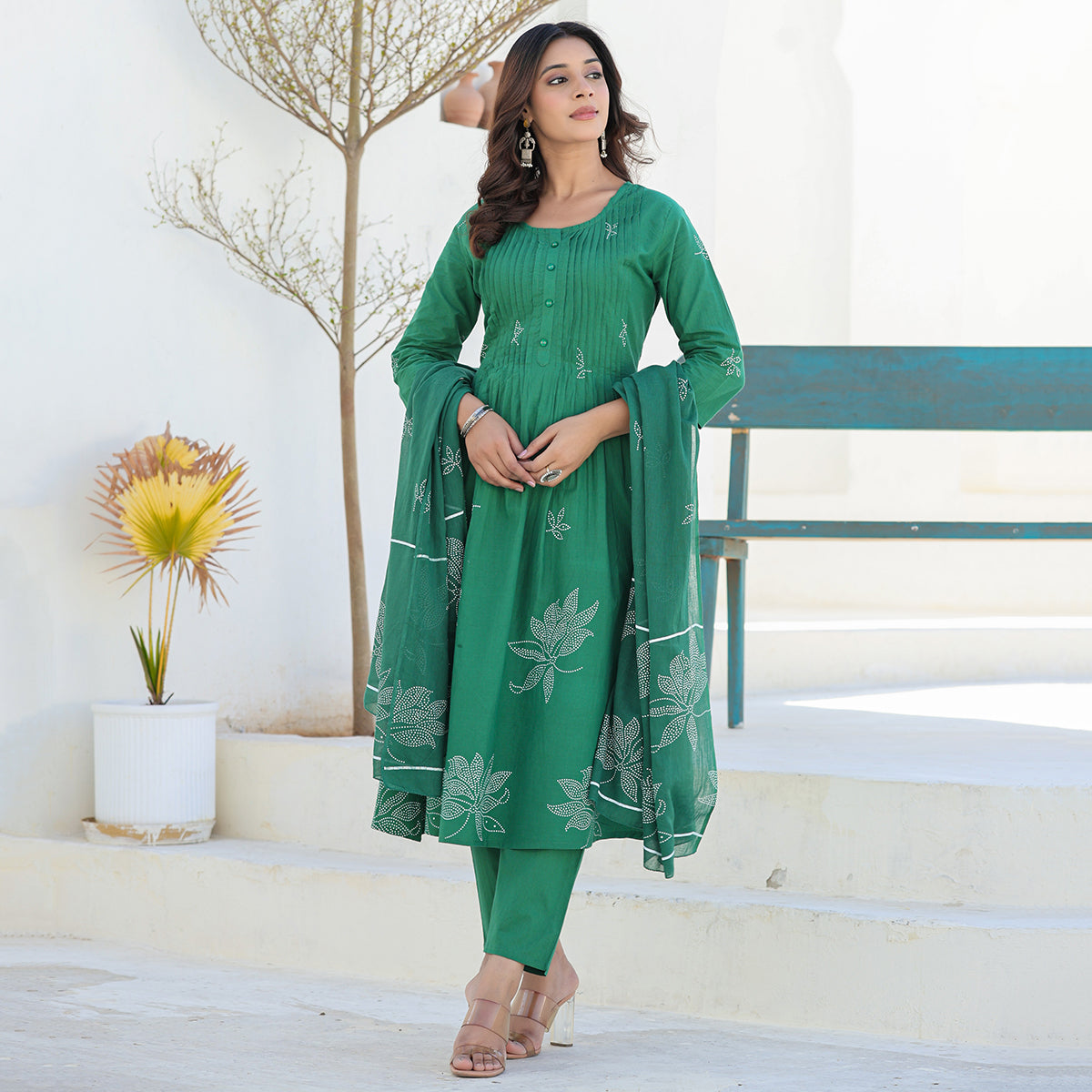 Green Cotton Anarkali Suit Set with Dupatta