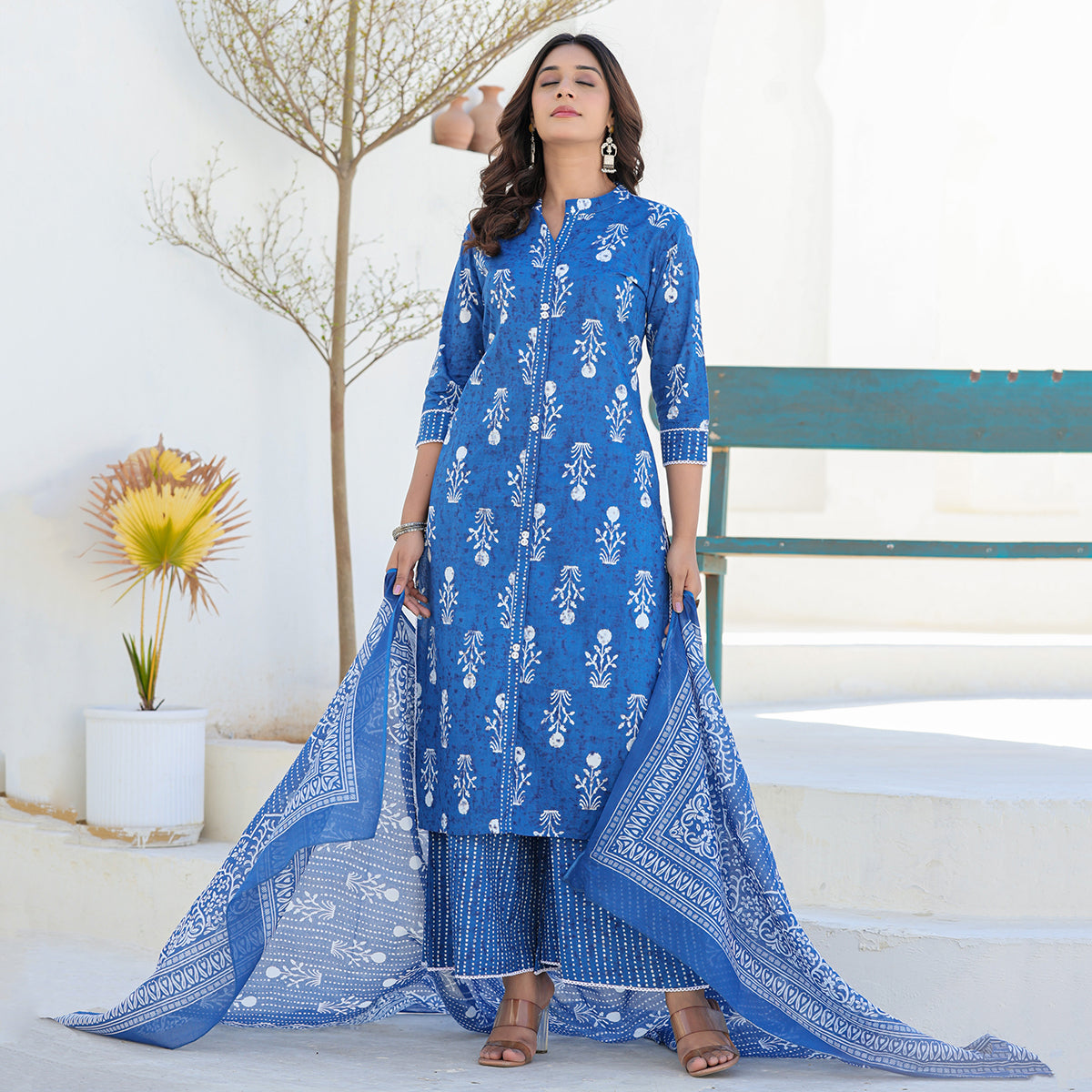 Indigo Blue Cotton Straight Suit Set with Dupatta