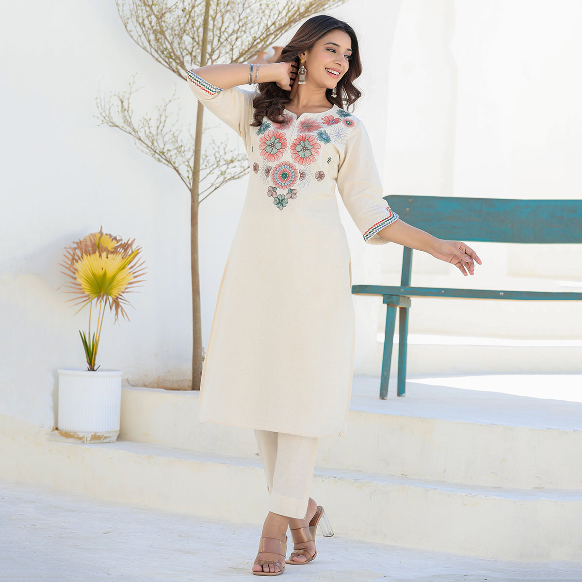 Off-white Cotton Linen Kurta Pant Co-ord Set