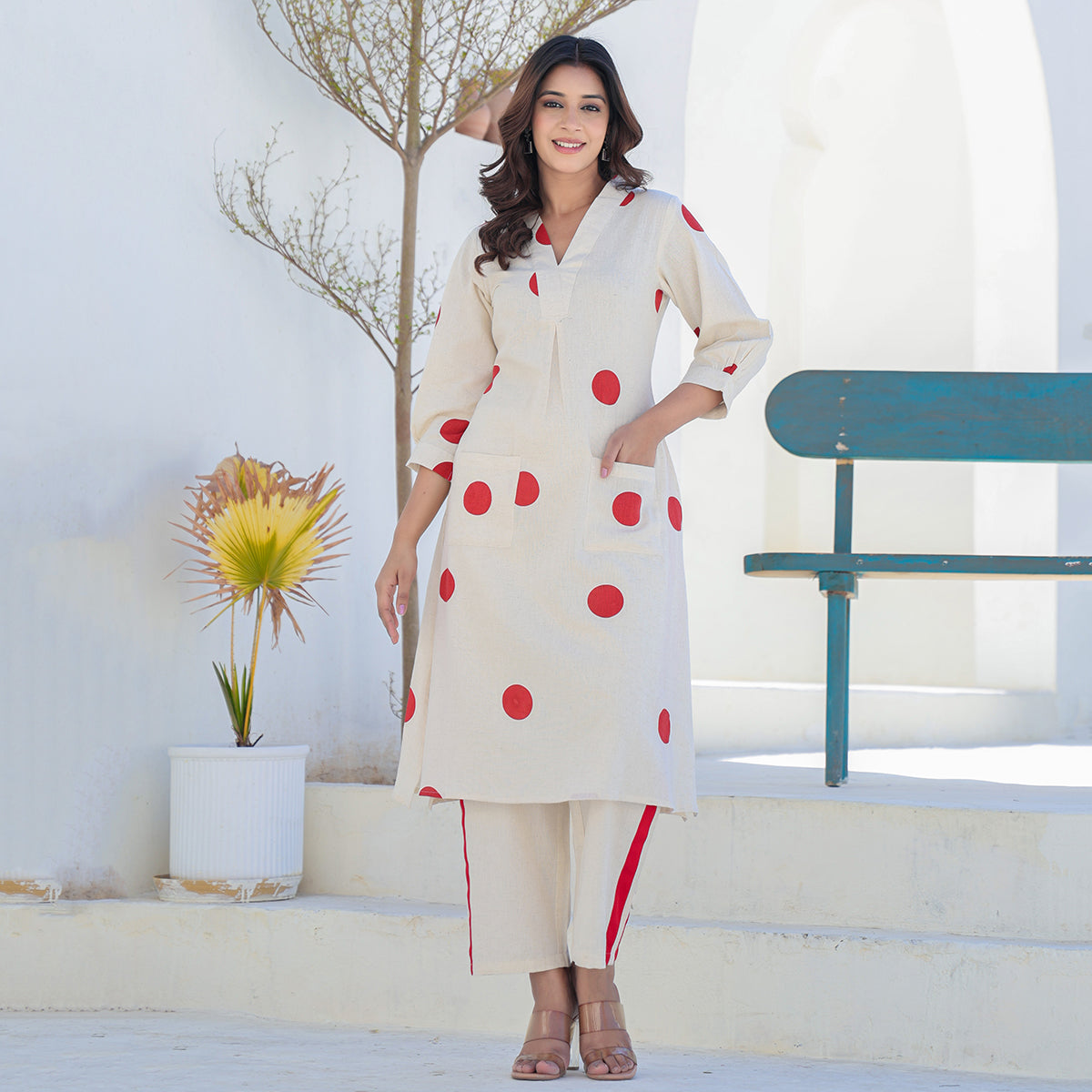 Off-white Cotton Linen A-line Kurta Pant Co-ord Set