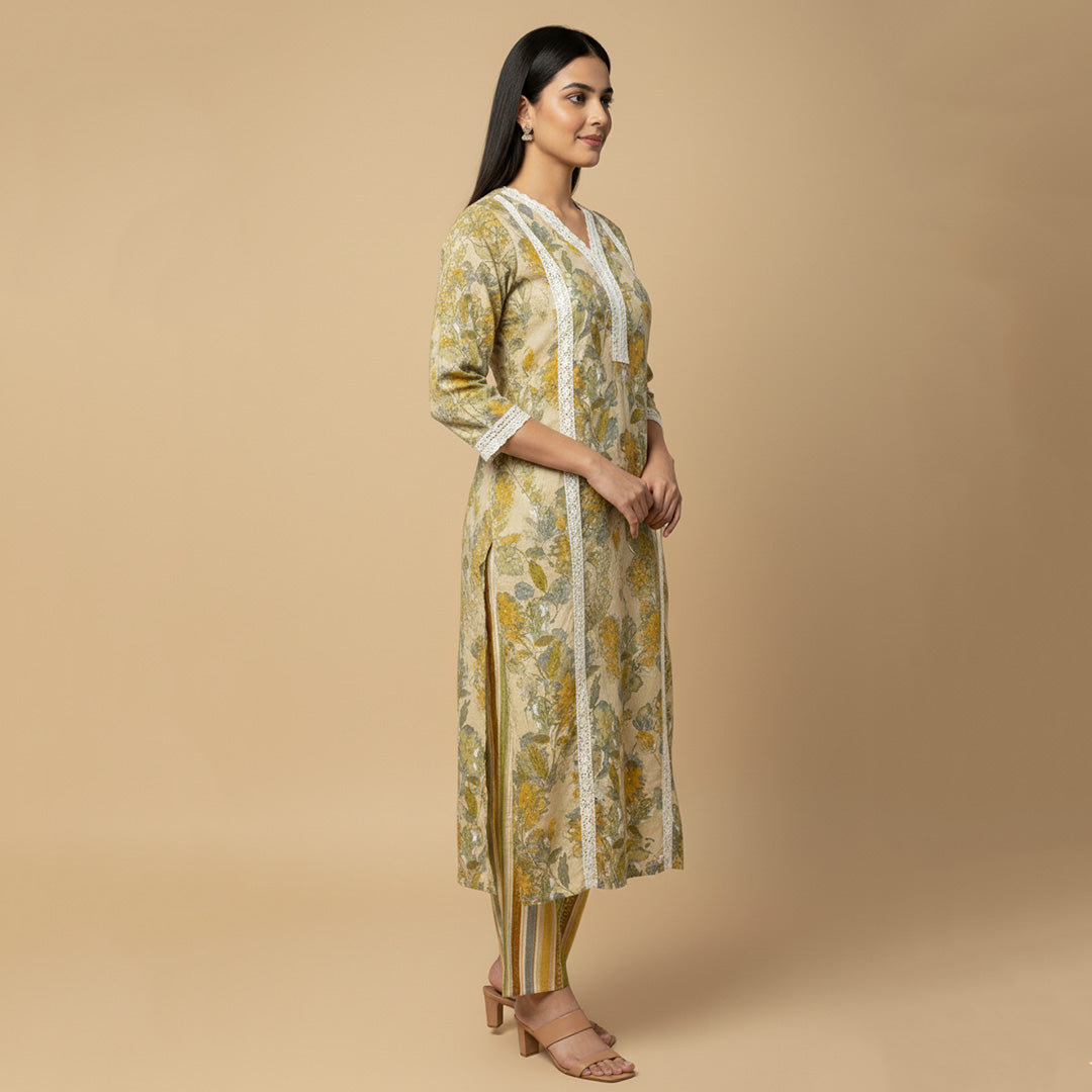 Yellow Cotton Straight Suit Set with Dupatta and Lace Work