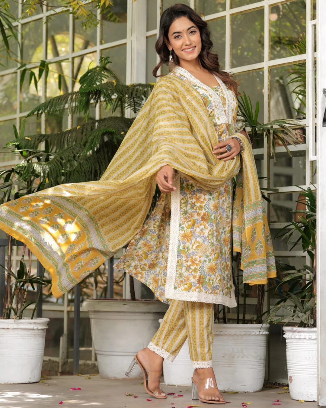 Mustard Cotton Straight Suit Set with Dupatta