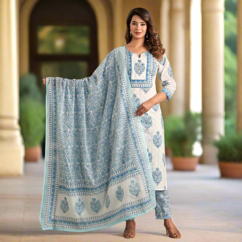White Blue Cotton Straight Suit Set with Dupatta