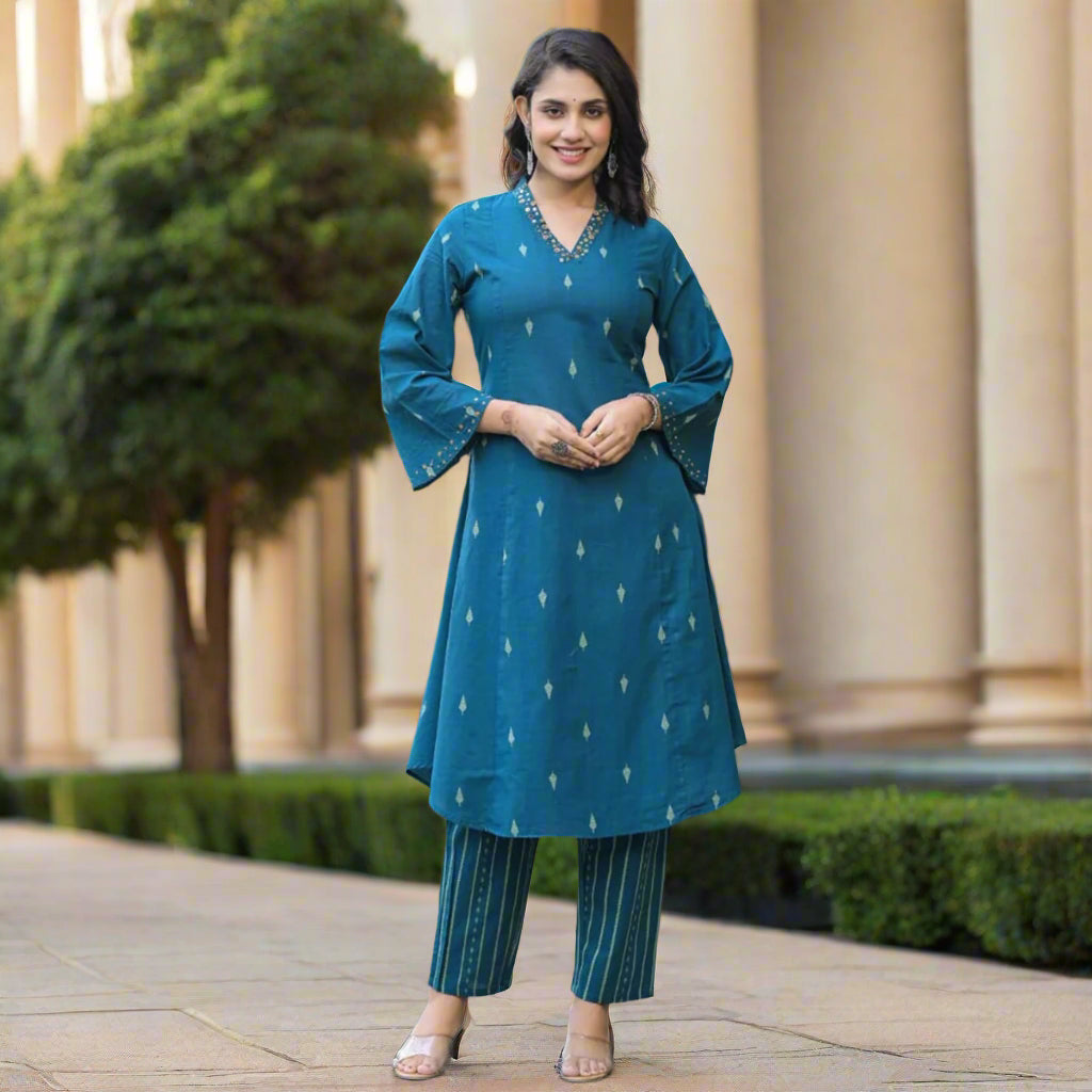 Dark Blue Cotton Linen Kurta Pant Co-ord Set
