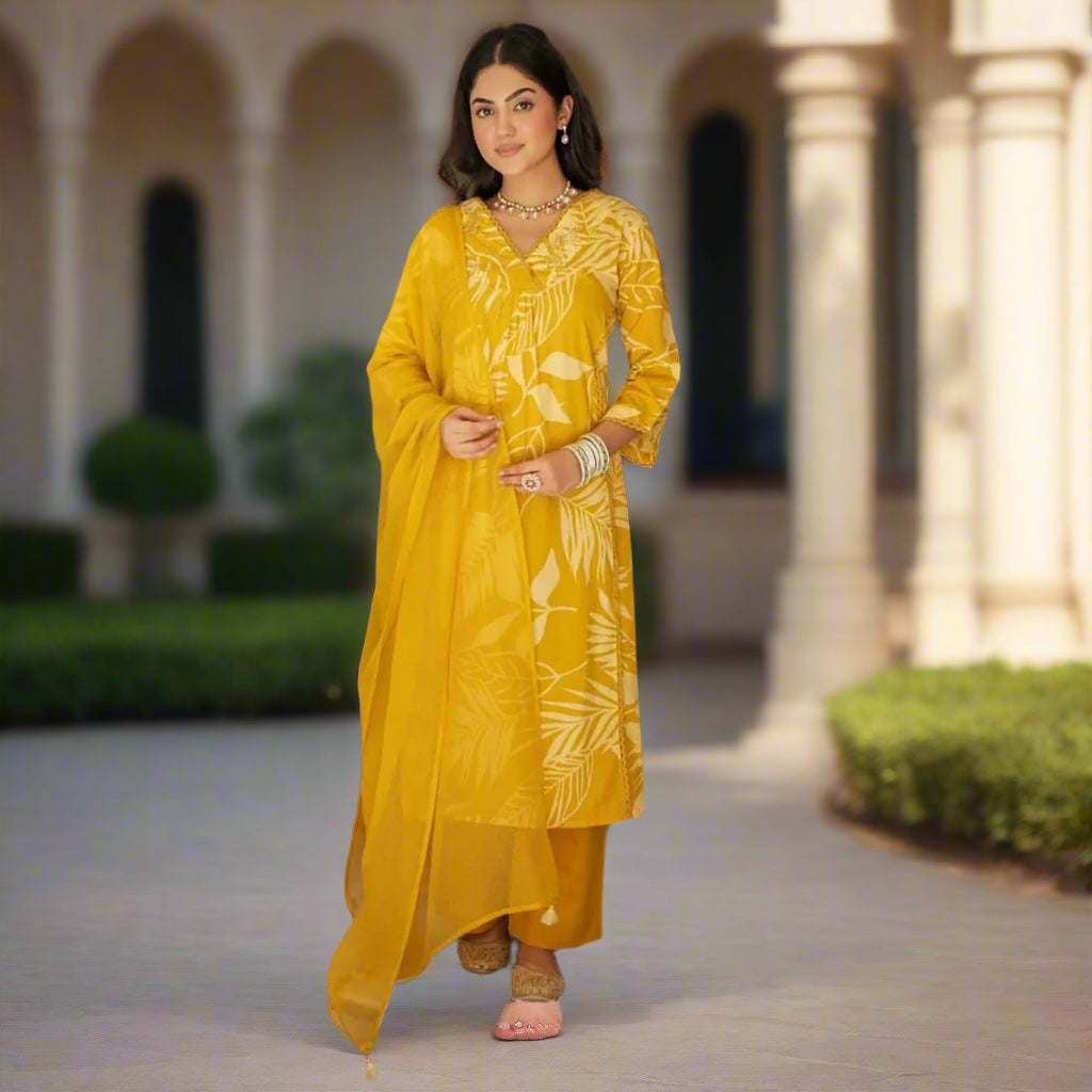 Mustard Cotton Straight Suit Set with Dupatta