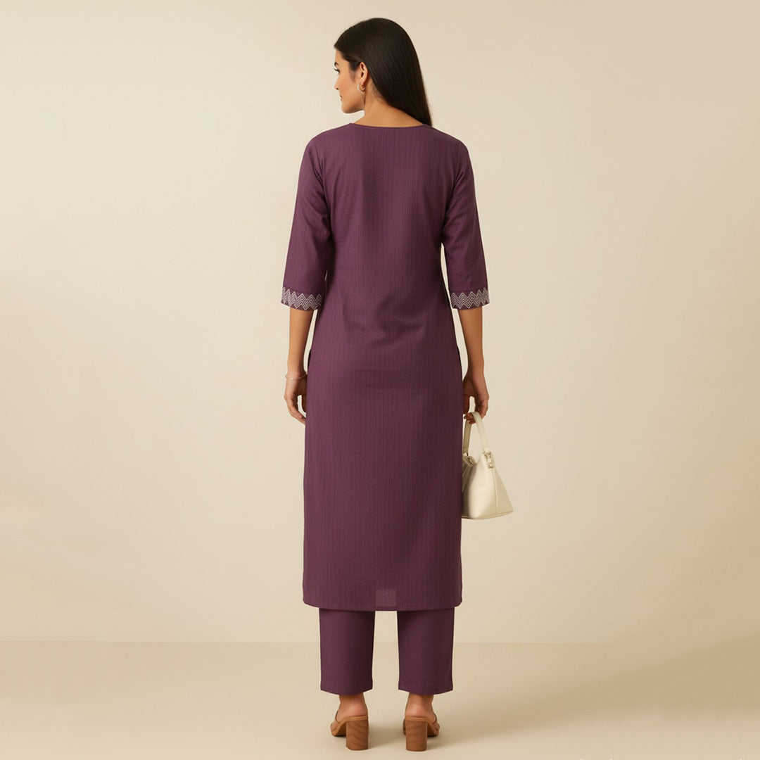 Purple Embroidered Straight Suit Set with Dupatta