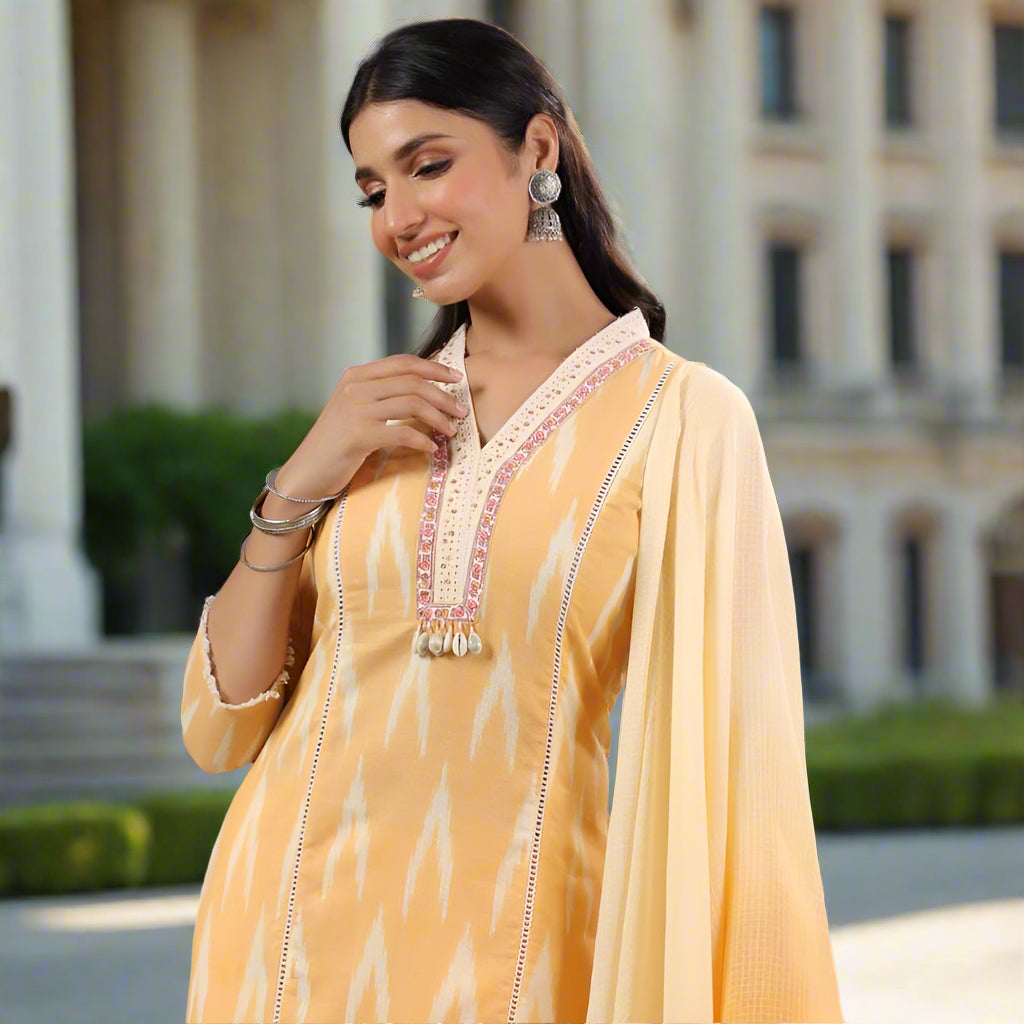 Yellow Cotton Linen Straight Suit Set with Dupatta