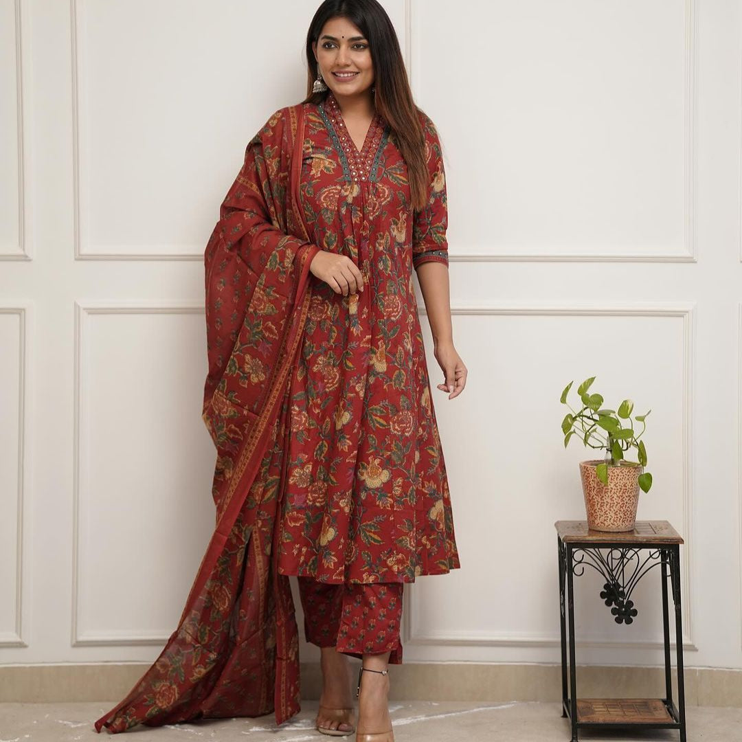 Red Cotton Straight Suit Set with Dupatta