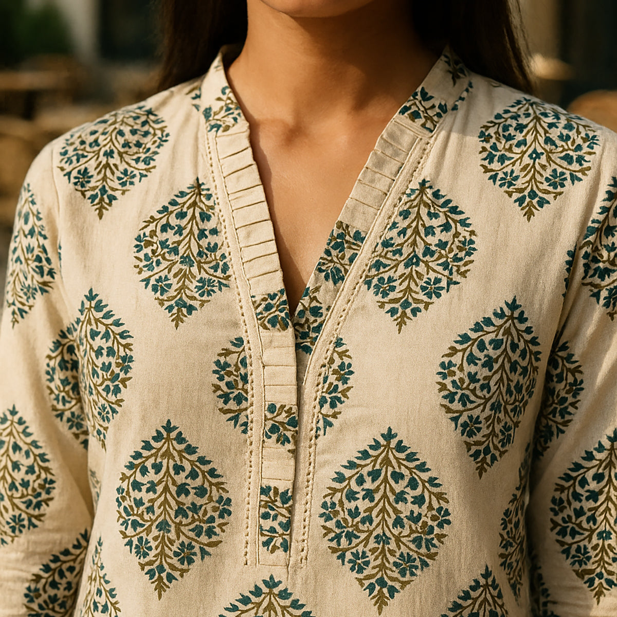 Green Off-white Linen Kurta Pant Co-ord Set