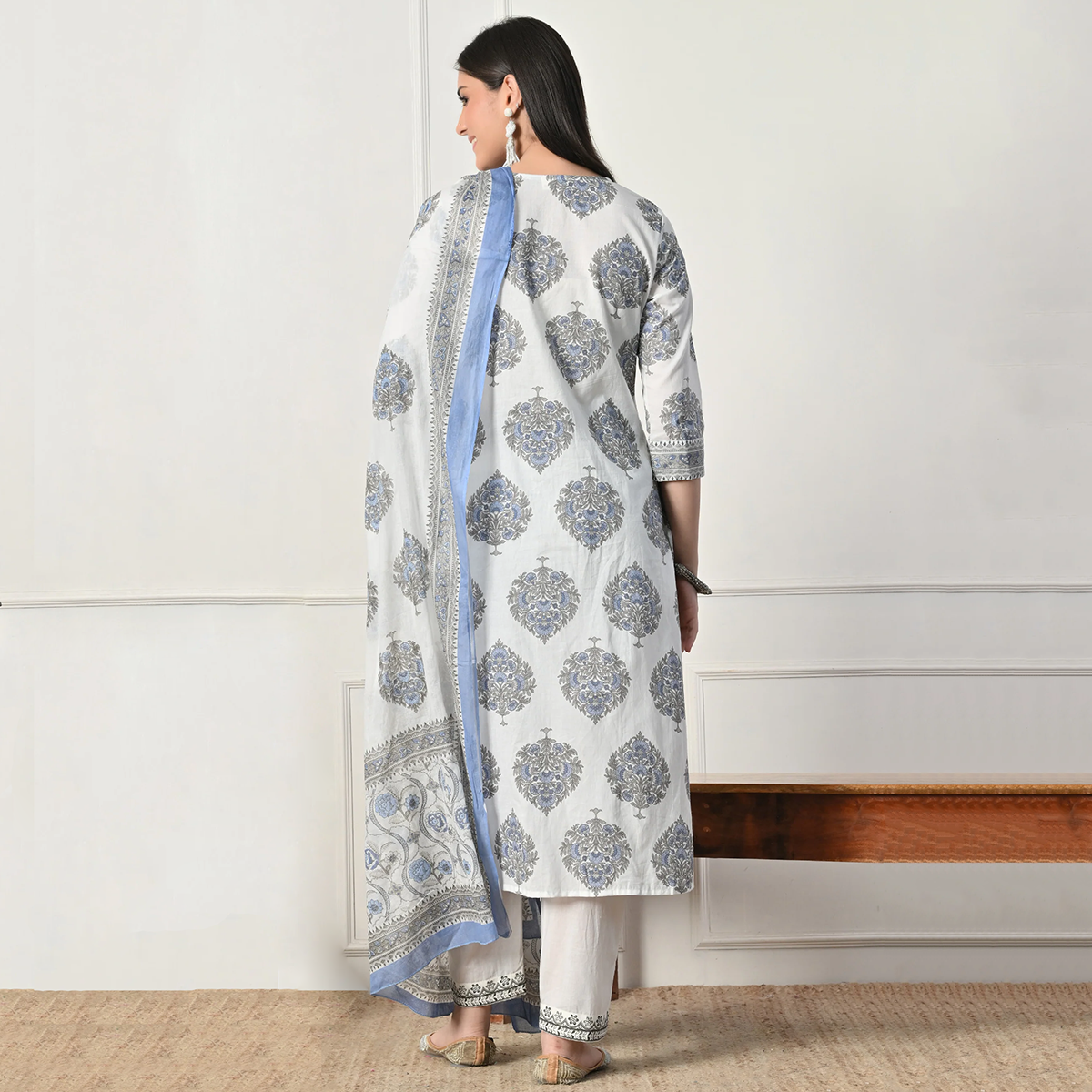 White Blue Cotton Anarkali Suit Set with Dupatta