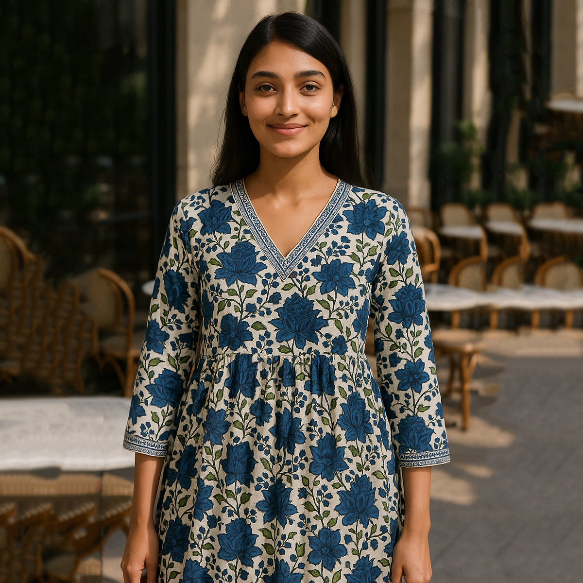 Blue White Anarkali Suit Set with Dupatta