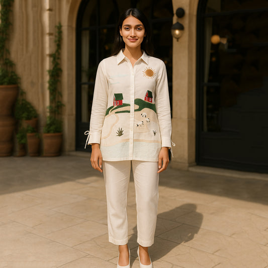 Embroidered Green White Kurta Pant Co-ord Set