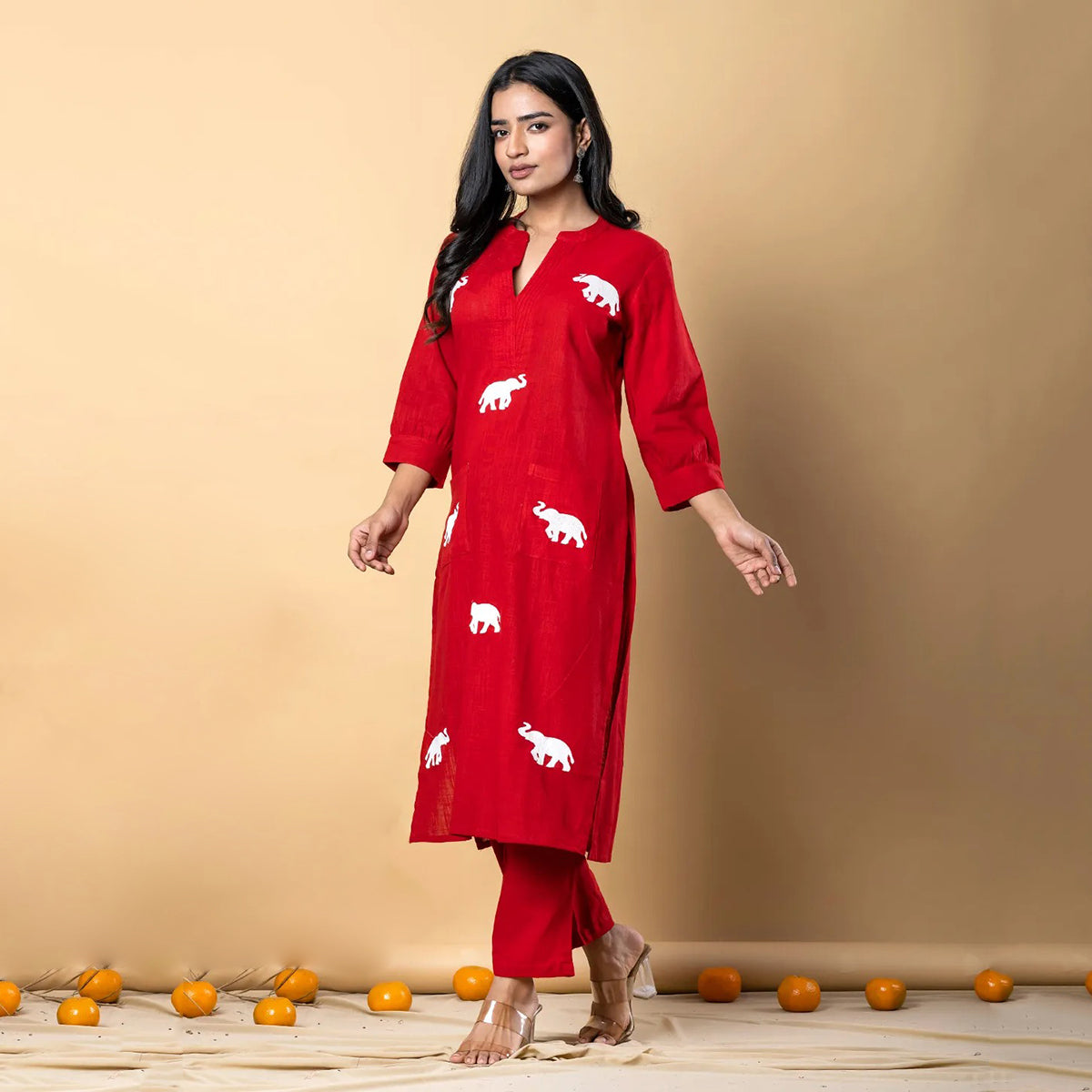 Red White Embroidered Kurta Pant Co-ord Set