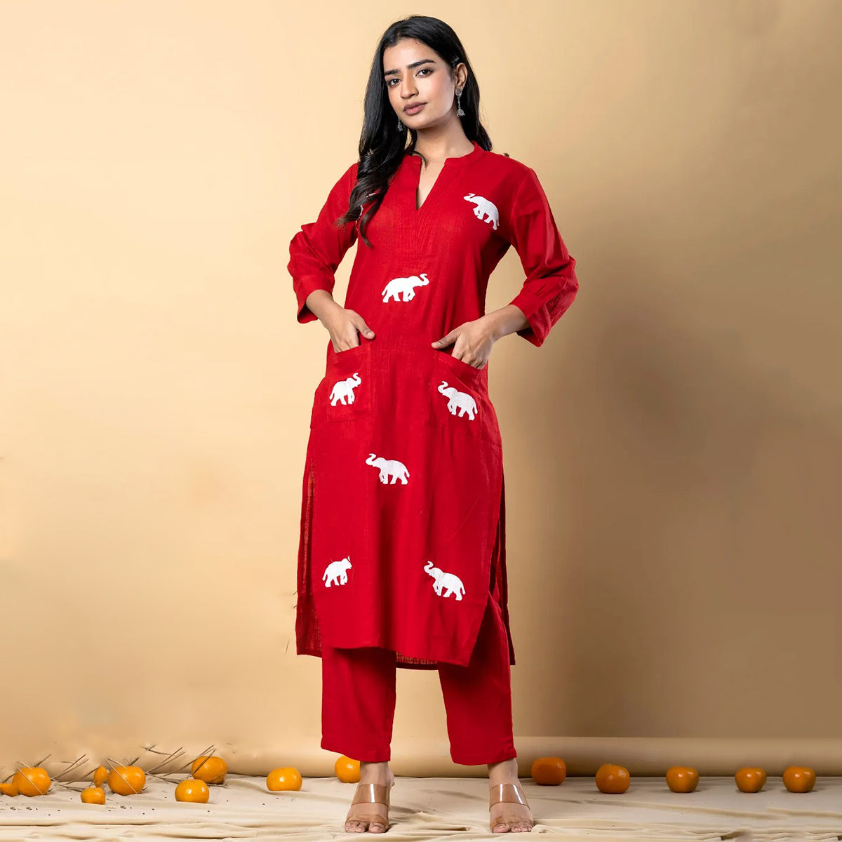 Red White Embroidered Kurta Pant Co-ord Set