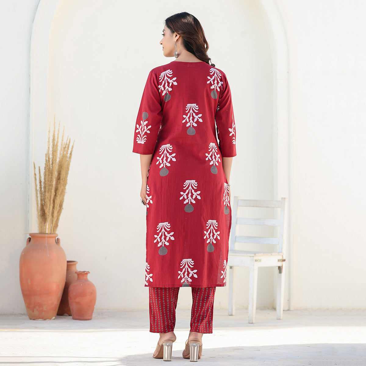 Red Cotton Straight Set with Dupatta