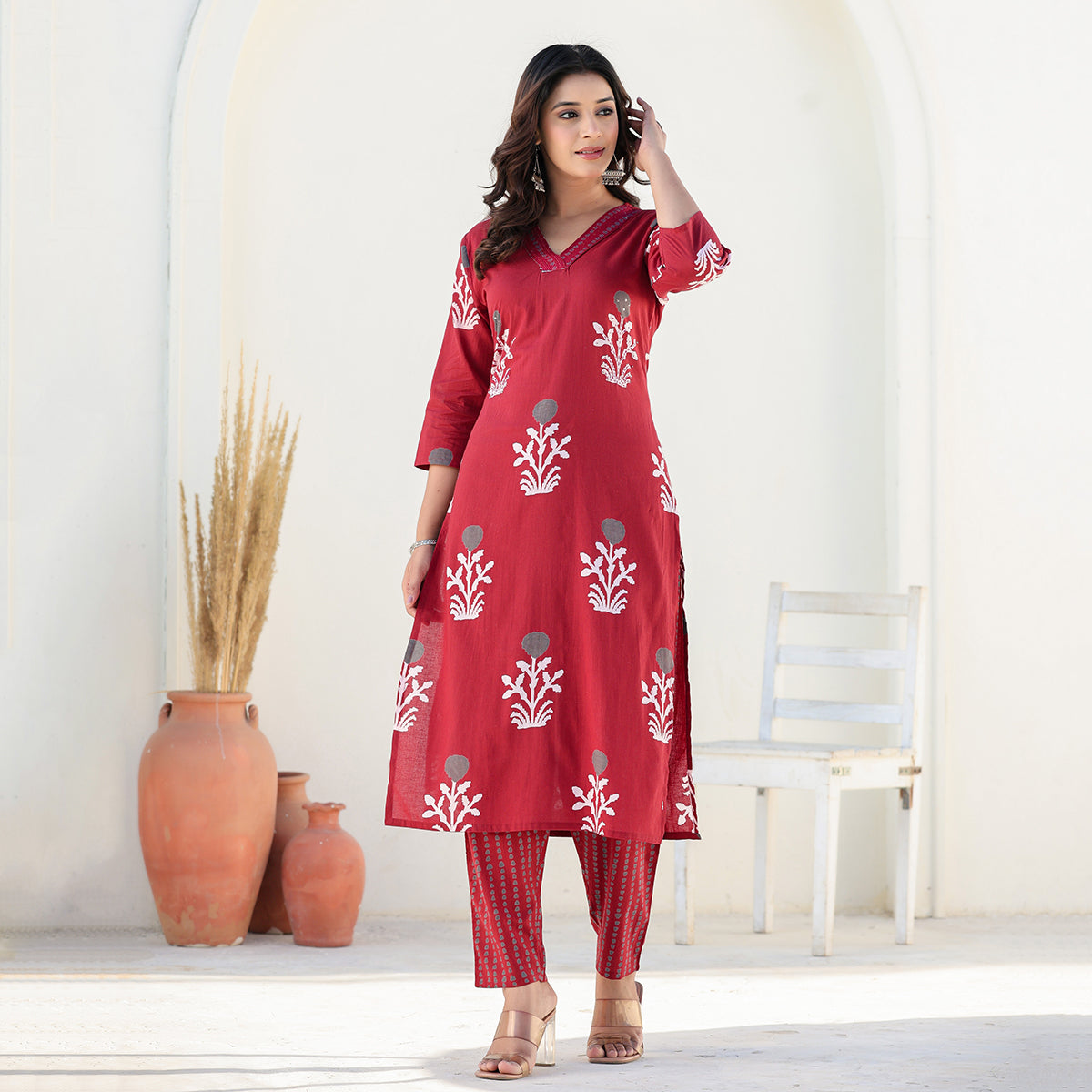Red Cotton Straight Set with Dupatta