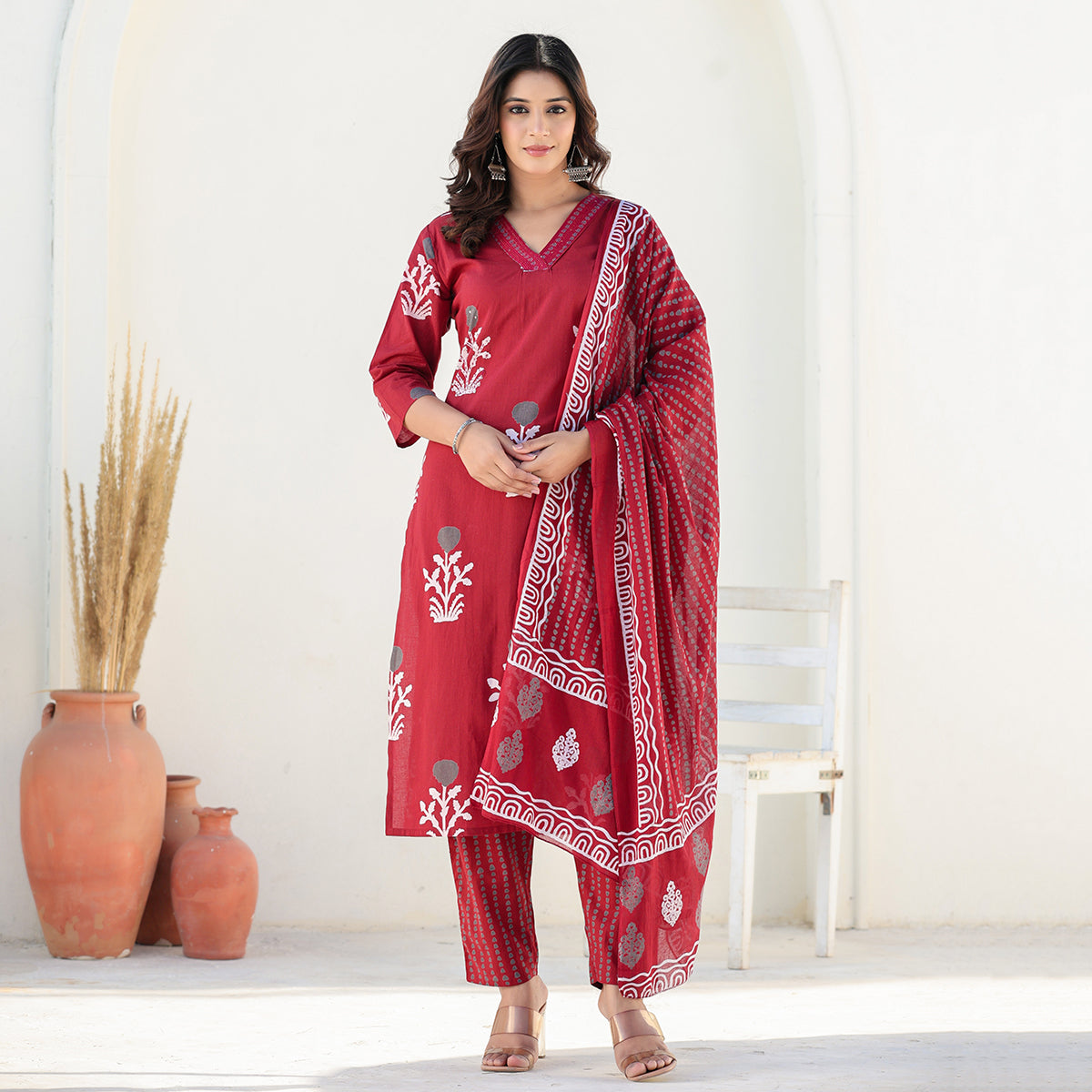 Red Cotton Straight Set with Dupatta