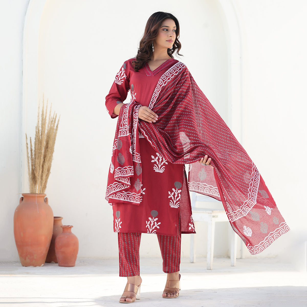 Red Cotton Straight Set with Dupatta