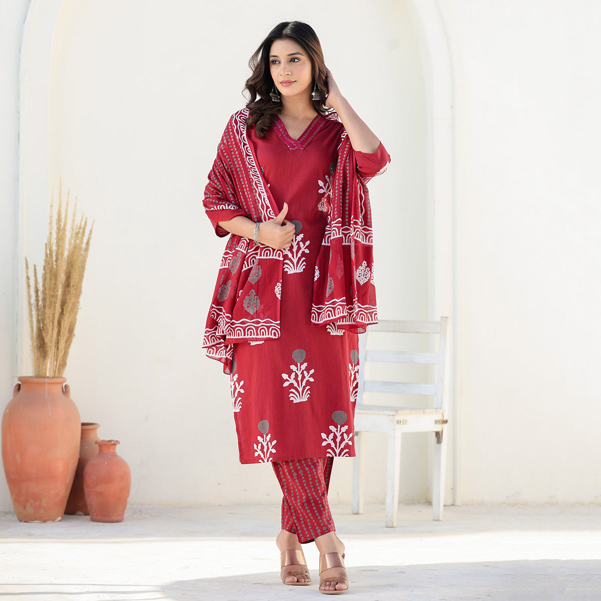 Red Cotton Straight Set with Dupatta