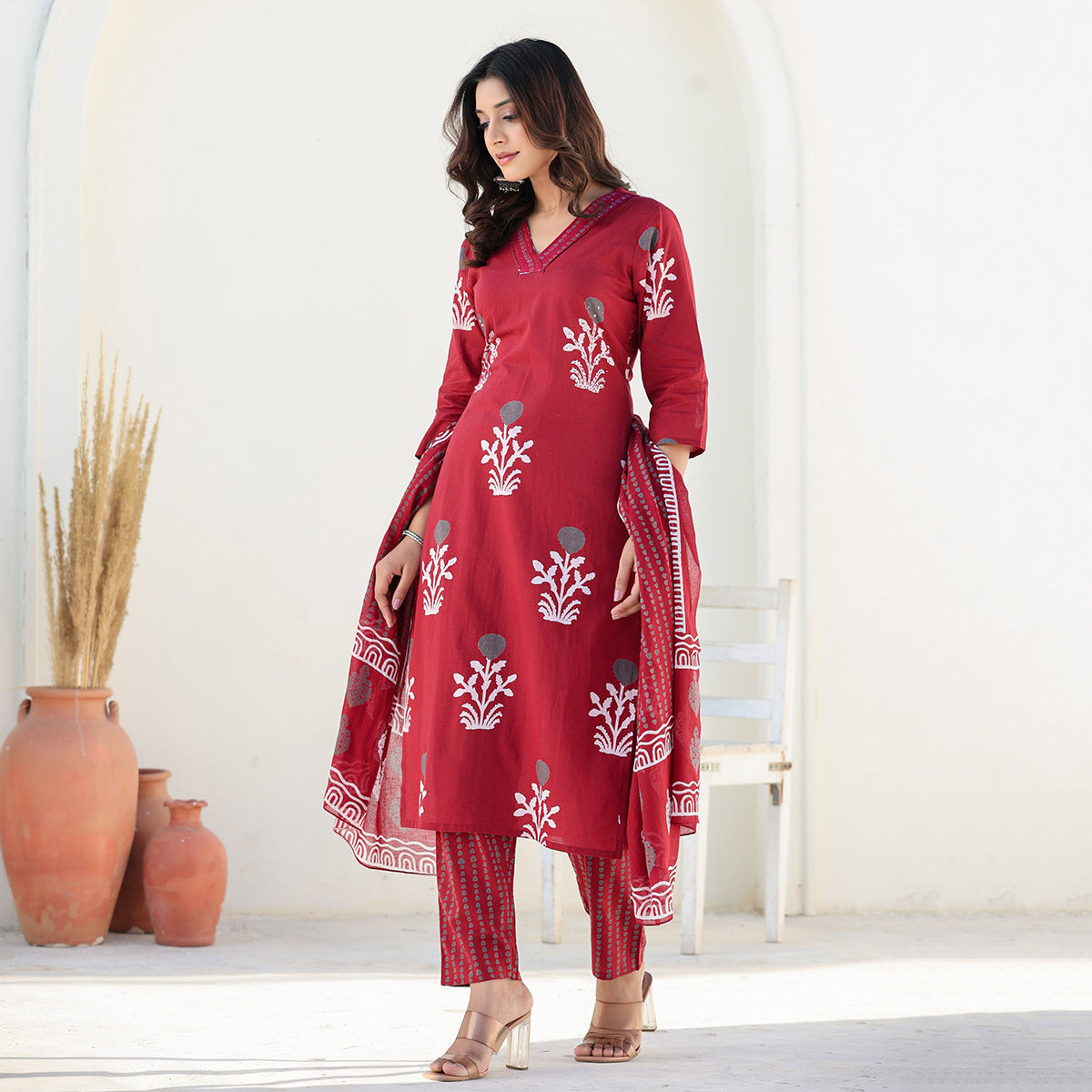 Red Cotton Straight Set with Dupatta