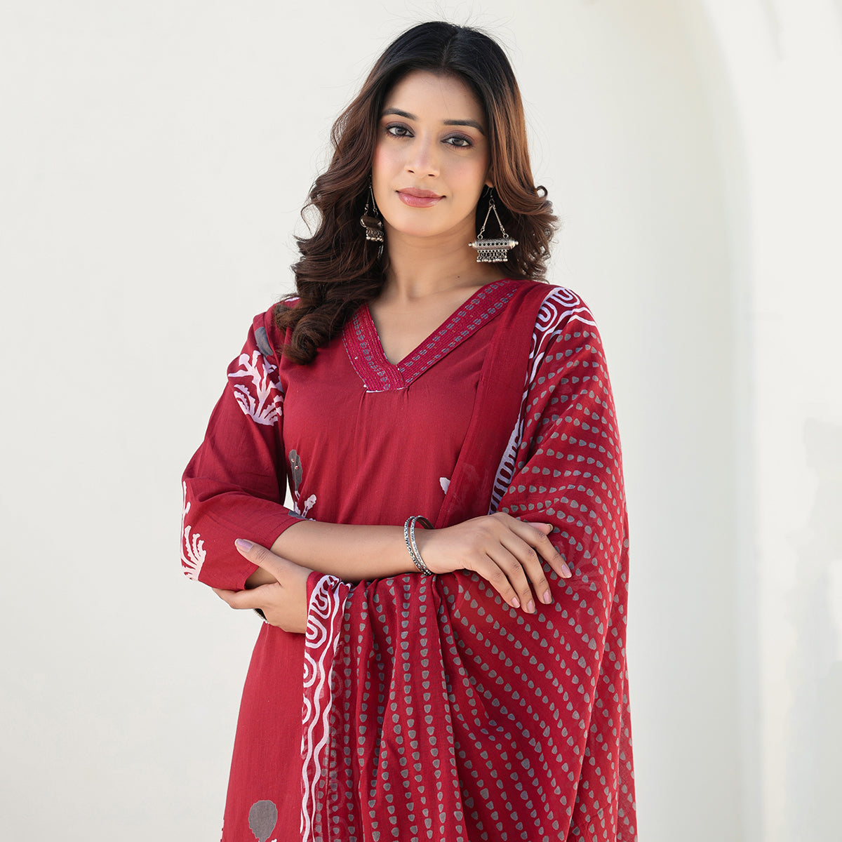 Red Cotton Straight Set with Dupatta