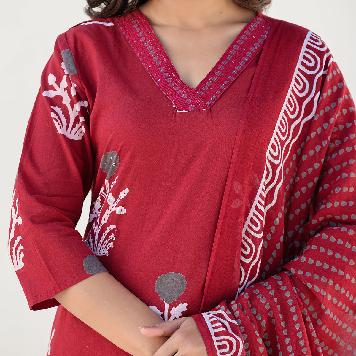 Red Cotton Straight Set with Dupatta
