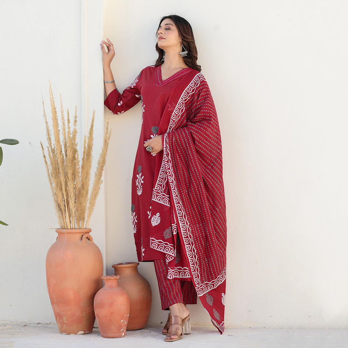 Red Cotton Straight Set with Dupatta