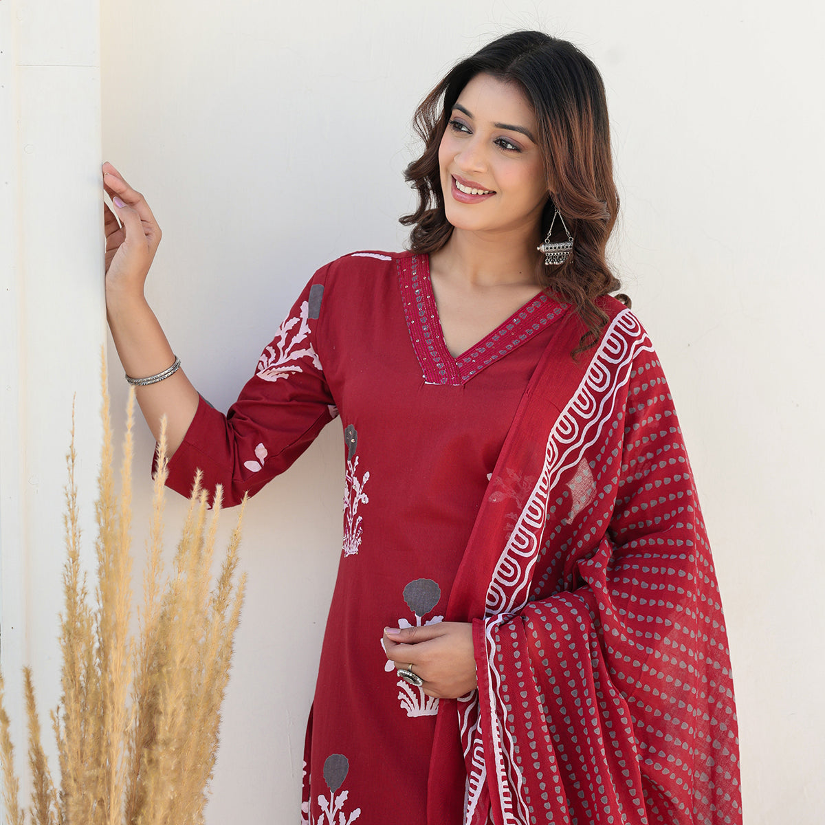Red Cotton Straight Set with Dupatta