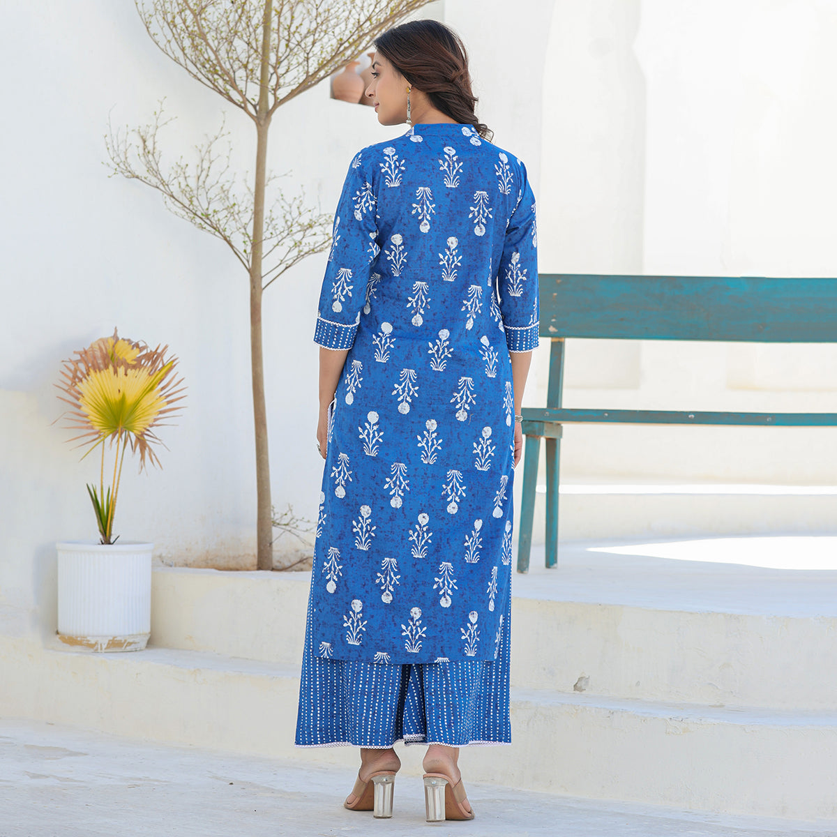 Indigo Blue Cotton Straight Suit Set with Dupatta