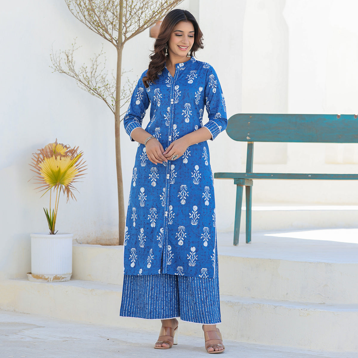 Indigo Blue Cotton Straight Suit Set with Dupatta