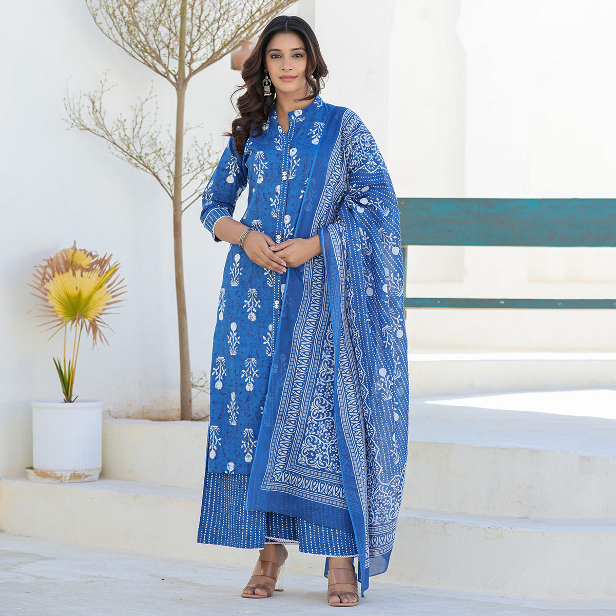 Indigo Blue Cotton Straight Suit Set with Dupatta