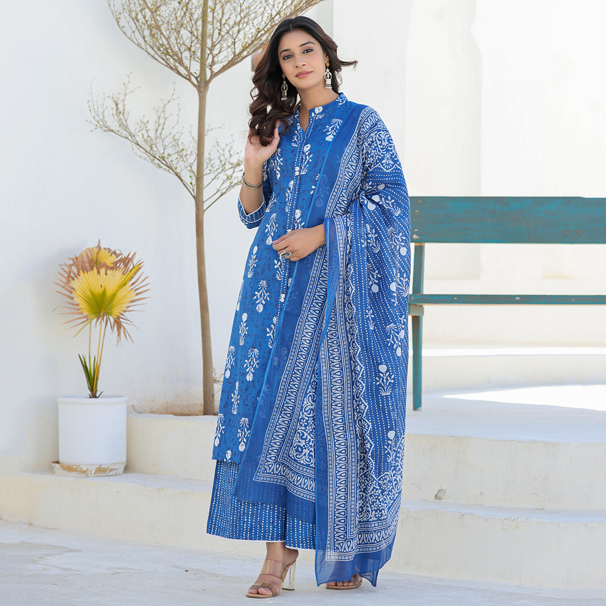 Indigo Blue Cotton Straight Suit Set with Dupatta