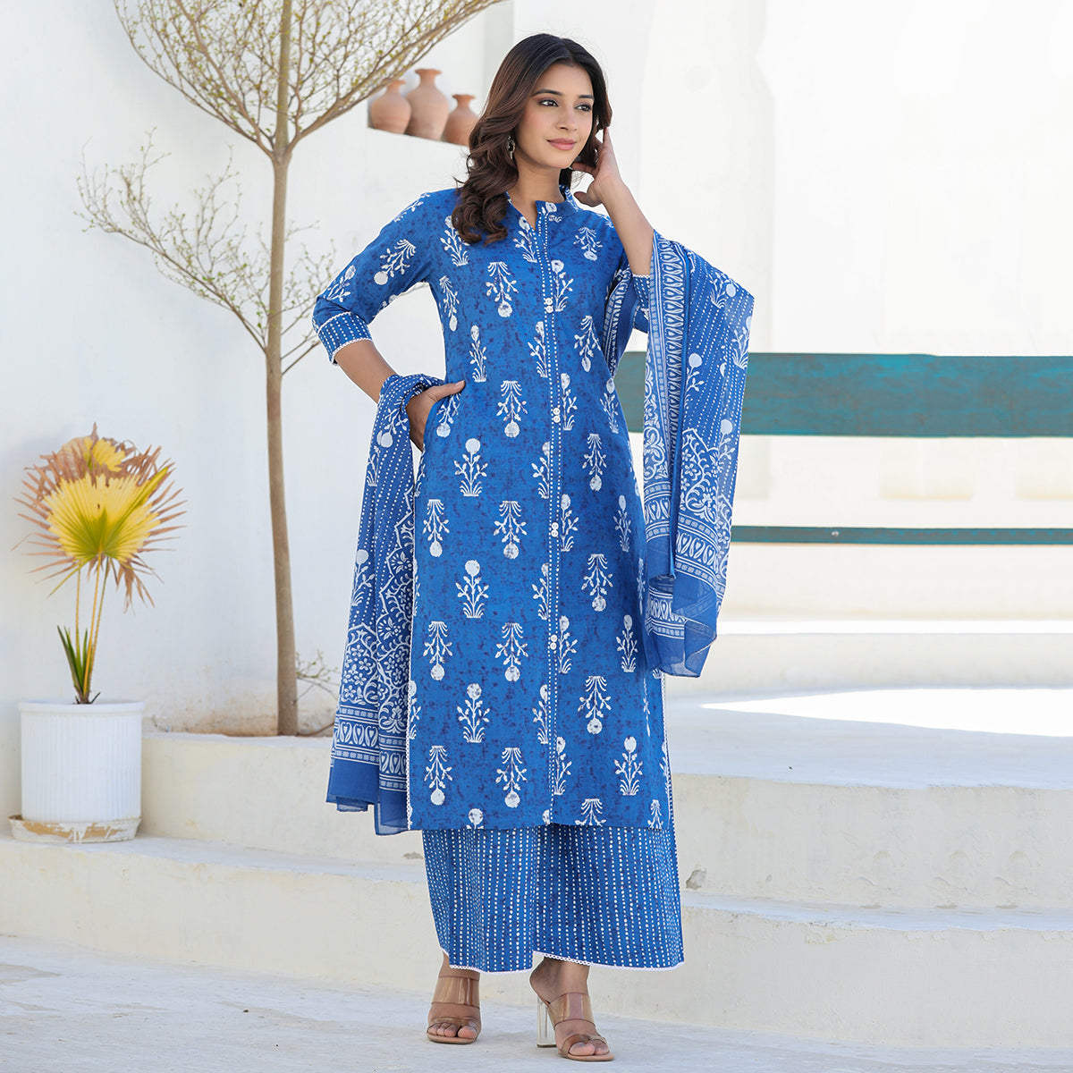 Indigo Blue Cotton Straight Suit Set with Dupatta