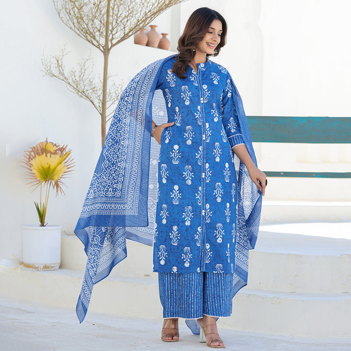Indigo Blue Cotton Straight Suit Set with Dupatta