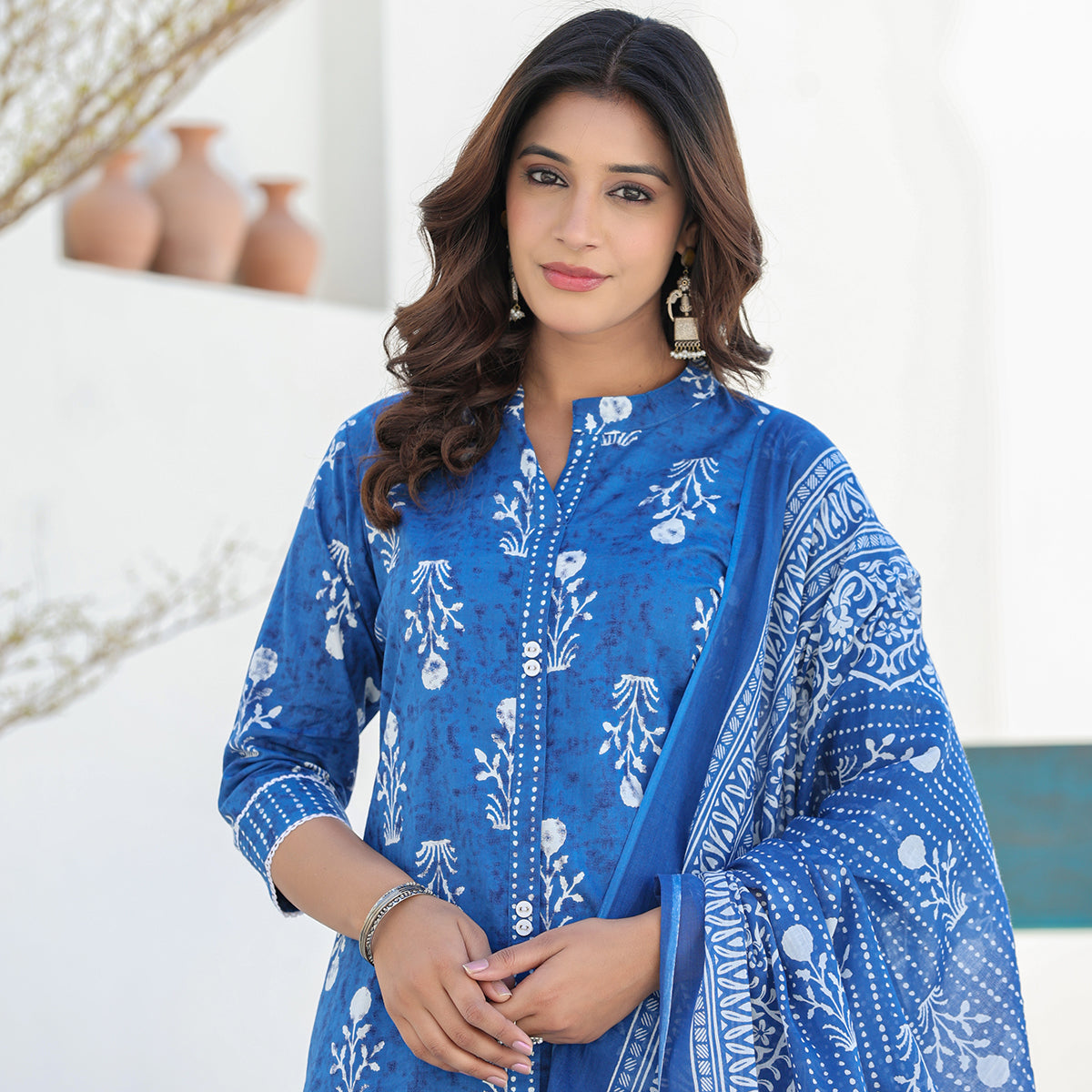 Indigo Blue Cotton Straight Suit Set with Dupatta