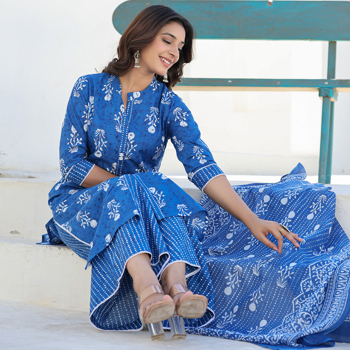 Indigo Blue Cotton Straight Suit Set with Dupatta