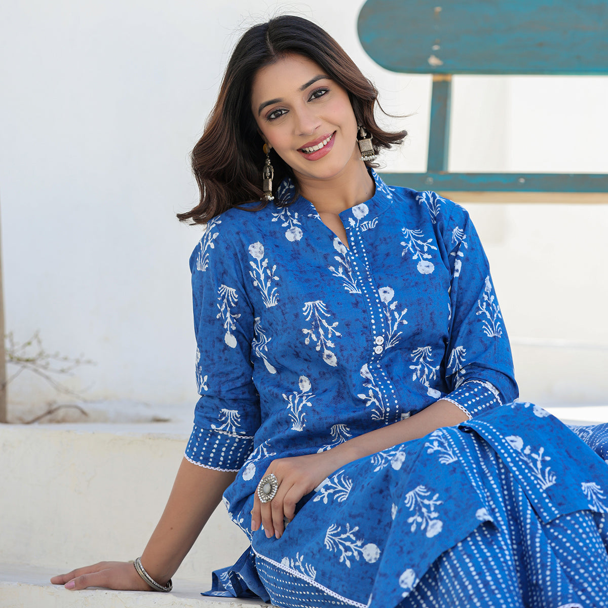 Indigo Blue Cotton Straight Suit Set with Dupatta