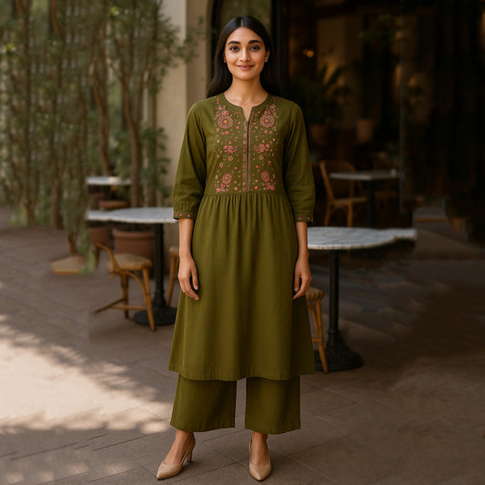 Olive Green Kurta Pant Co-ord Set