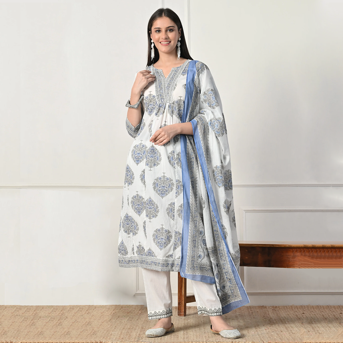 White Blue Cotton Anarkali Suit Set with Dupatta
