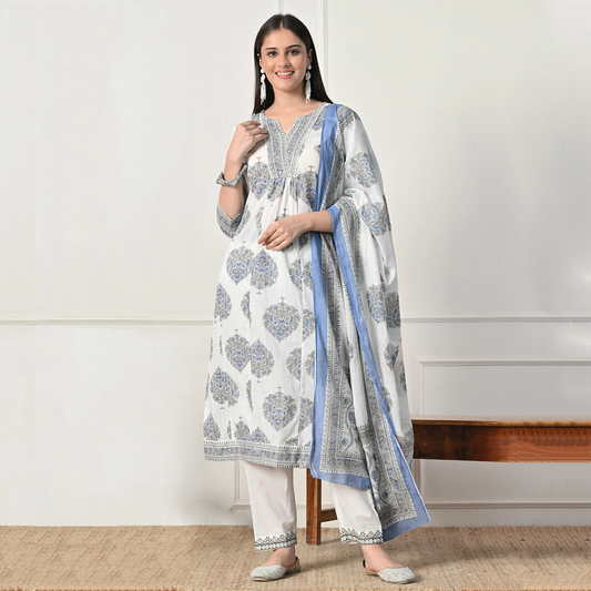 White Blue Cotton Anarkali Suit Set with Dupatta