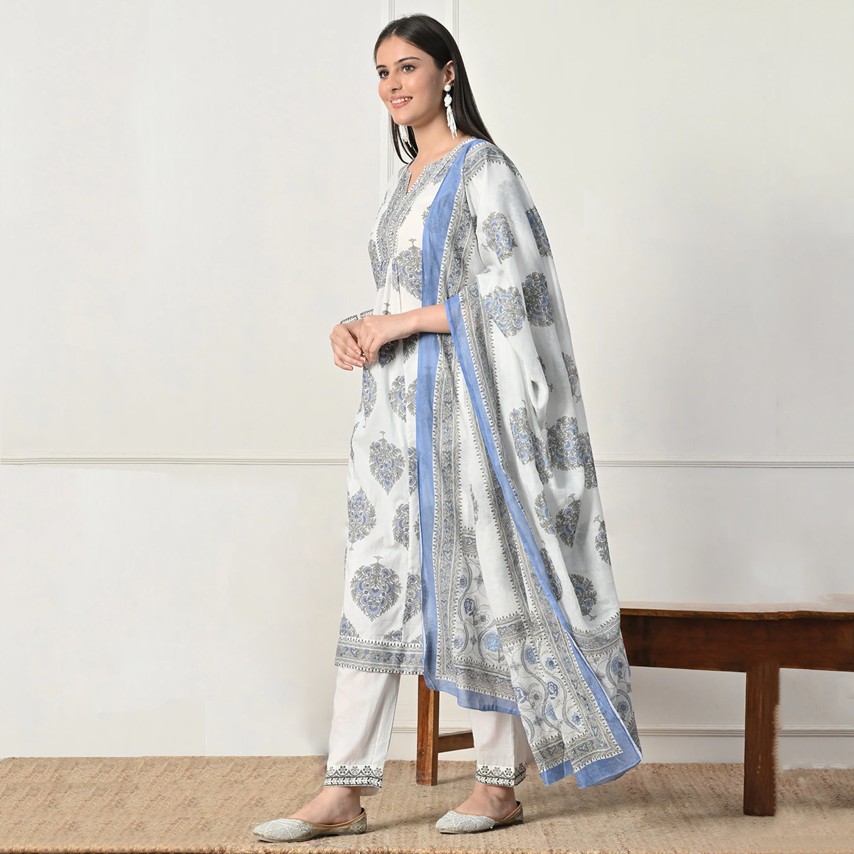 White Blue Cotton Anarkali Suit Set with Dupatta