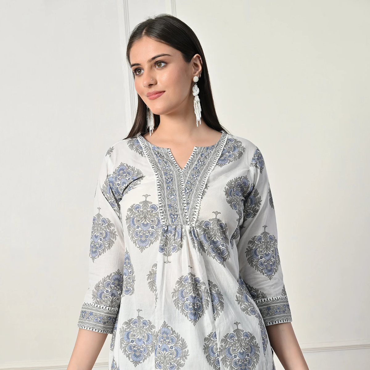 White Blue Cotton Anarkali Suit Set with Dupatta