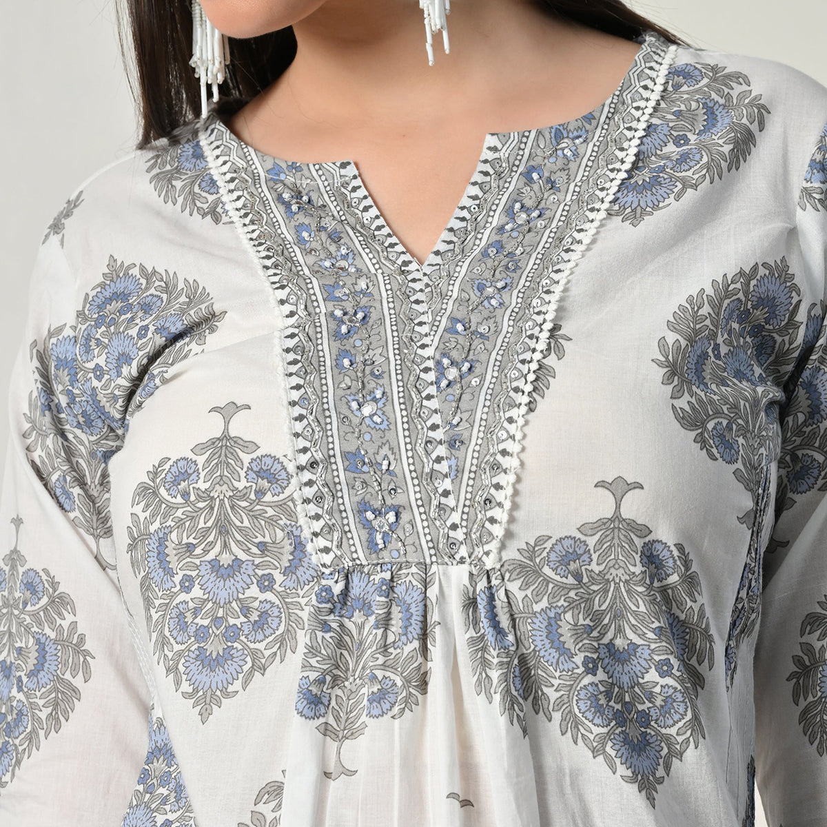 White Blue Cotton Anarkali Suit Set with Dupatta