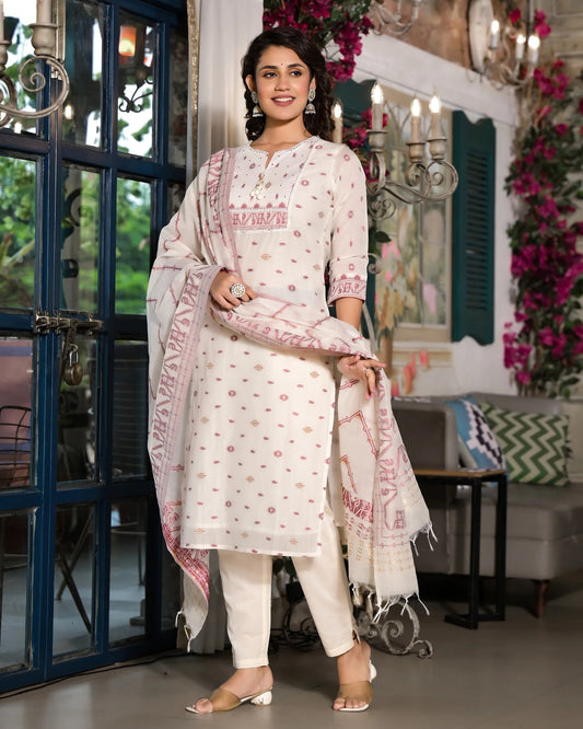 Off-white Cotton Chanderi Straight Suit Set with Dupatta