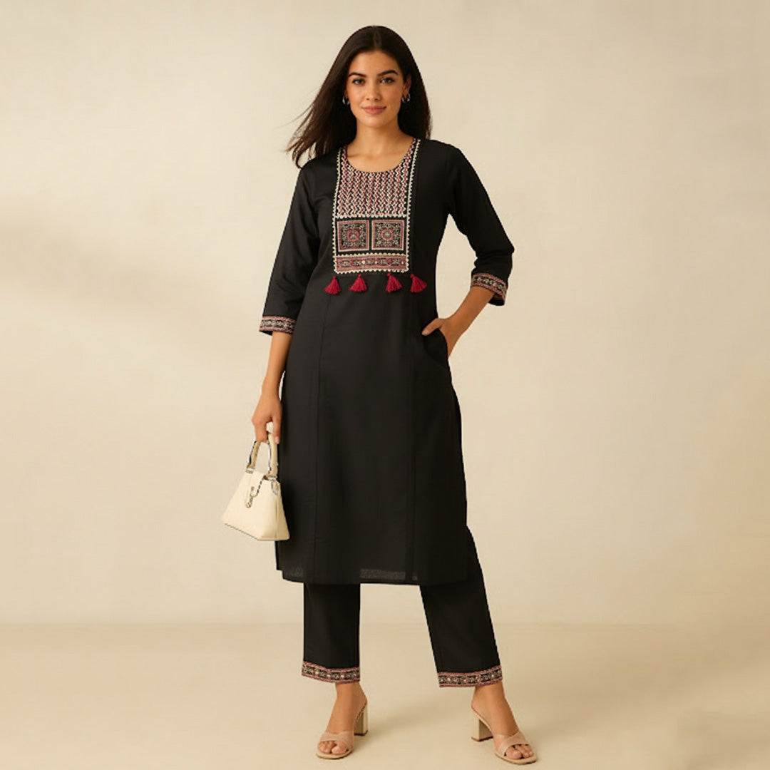 Black Cotton Straight Suit Set with Printed Dupatta