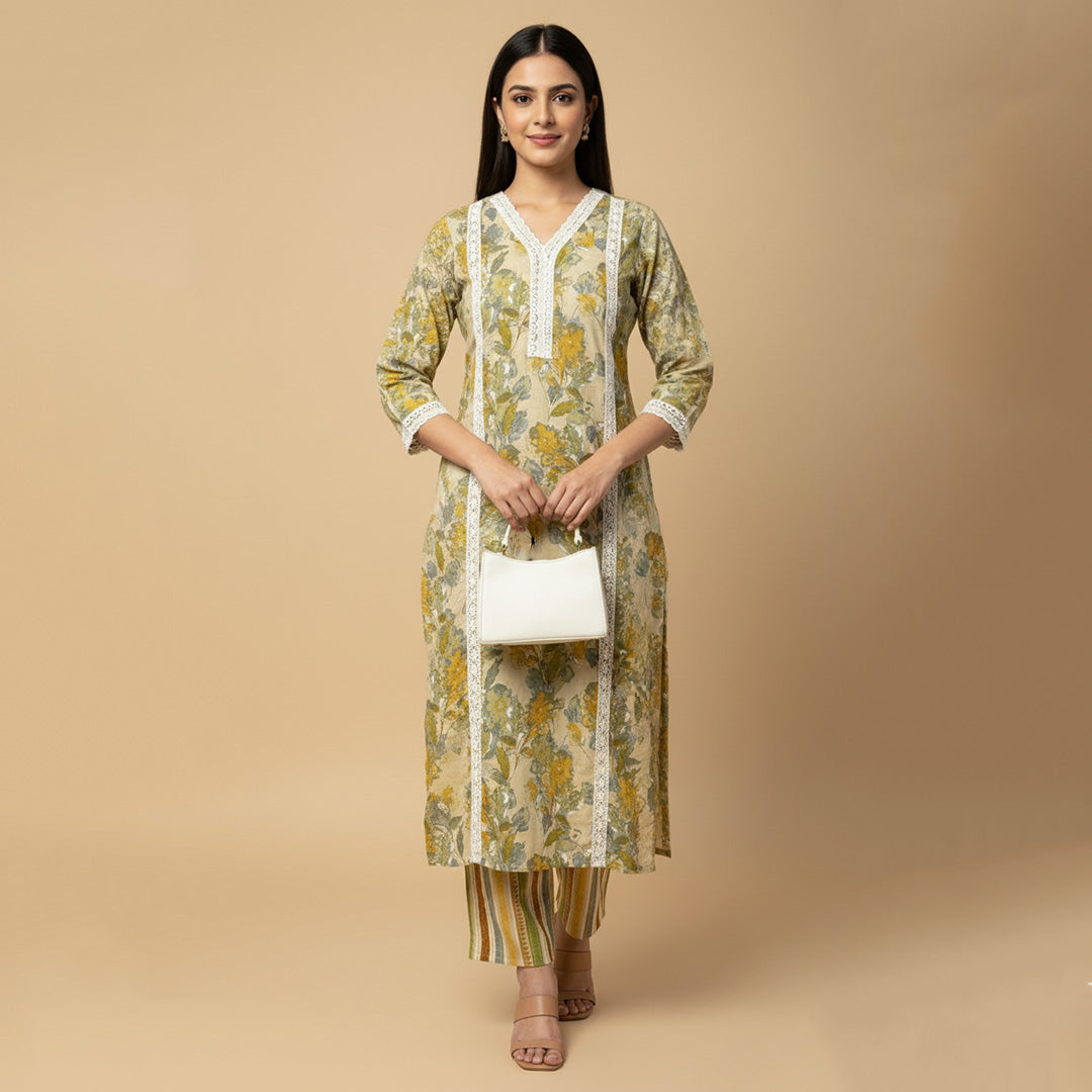 Yellow Cotton Straight Suit Set with Dupatta and Lace Work