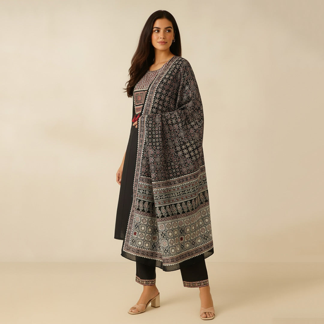 Black Cotton Straight Suit Set with Printed Dupatta